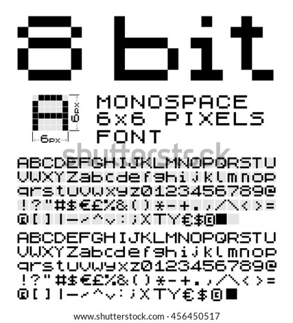 8 bit monospace font 6x6 pixels on glyph. Vector set of alphabet, numbers and symbols