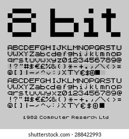 8 bit old computer terminal typeset. Vector set of alphabet, numbers and symbols