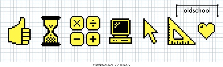 Elementos vetoriais isolados da velha escola de 8 bits sobre a grade do notebook para o design digital retrô. Conjunto de adesivos estilo nostálgico Pixel art. Ícone retrô do computador pessoal, Pc, calculadora, triângulo, cursor, ampulheta
