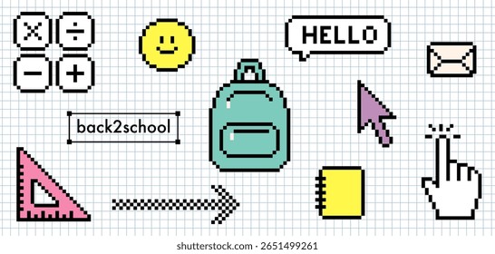 8 bit old school isolated colorful vector elements on notebook grid. Blue backpack icon, calculator, triangle, smile, arrow for y2k back to school digital design. Pixel art retro study supplies set