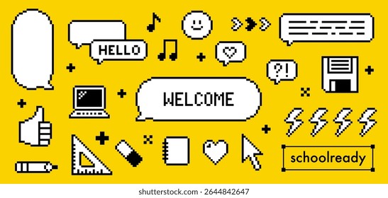 Elementos vetoriais com tema de escola antiga de 8 bits em fundo amarelo para voltar ao design digital da escola. Caixa de diálogo Retro Pixel art. Balão de fala com texto Bem-vindo, Olá, coração, notas musicais. Balões de bate- papo
