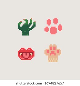 8 bit Paw lips and arm pixel art icons set, greeting card or invitation design elements, Happy Halloween, embroidery design, isolated vector illustration, video game sprite.