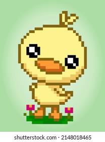 8 bit pixel adorable duck. Animals for game assets and Cross Stitch Pattern in vector illustration