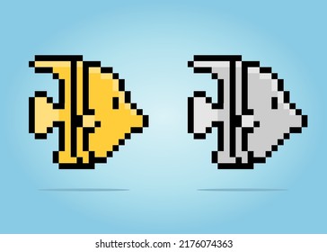 8 bit pixel angel fish. Animals for game assets in vector illustrations.