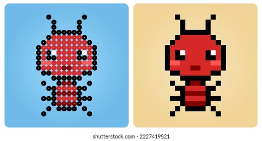 8 bit pixel ant character. Animals for game assets and beads pattern in vector illustrations.