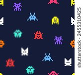 8 bit pixel arcade game alien invader seamless background. Superhero pixel space monster geek game