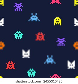 8 bit pixel arcade game alien invader seamless background. Superhero pixel space monster geek game