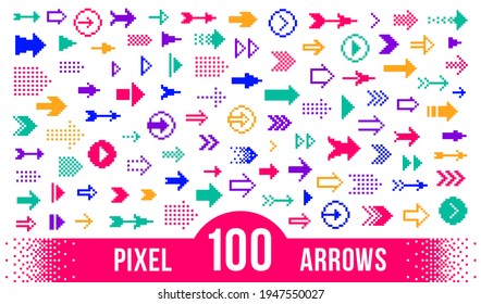 8 Bit pixel arrows vector big set of icons, collection of arrow direction cursors in old PC or gaming console style, single color symbols for logos.