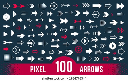 8 Bit pixel arrows vector big set of icons, collection of arrow direction cursors in old PC or gaming console style, single color symbols for logos.