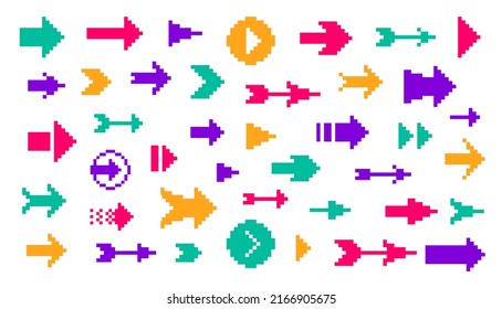 8 Bit pixel arrows vector big set of icons, collection of arrow direction cursors in old PC or gaming console style, single color symbols for logos.