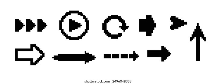 8 Bit pixel arrows vector big set of icons, collection of arrow direction cursors in old PC or gaming console style, single color symbols