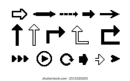 Conjunto grande de Vectores de flechas de píxeles de 8 bits, colección de cursores de dirección de flecha en el viejo estilo de PC o consola de juegos, símbolos de un solo color