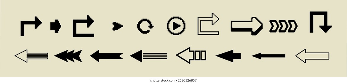 Conjunto grande de Vectores de flechas de píxeles de 8 bits, colección de cursores de dirección de flecha en el viejo estilo de PC o consola de juegos, símbolos de un solo color