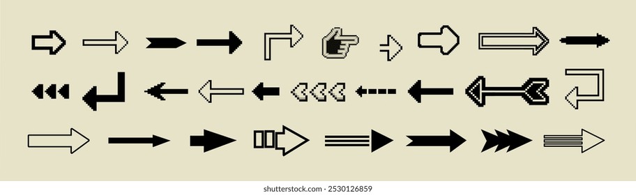 8 Bit pixel setas vetor grande conjunto de ícones, coleção de cursores de direção de seta no estilo antigo PC ou console de jogos, símbolos de cor única