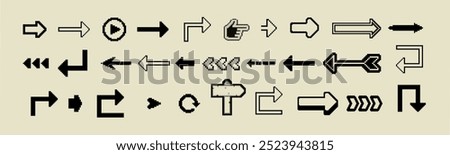 8 Bit pixel arrows vector big set of icons, collection of arrow direction cursors in old PC or gaming console style, single color symbols