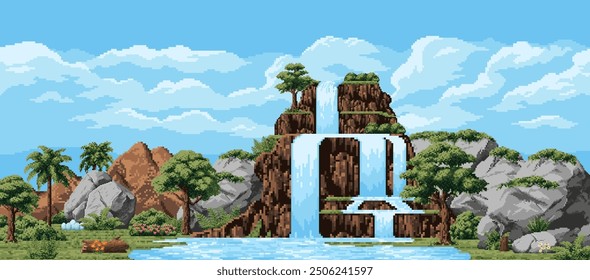 8 bit pixel art arcade juego cascada prehistórica cascada y montañas, Vector paisaje de fondo. Video Bosque selvático prehistórico con palmeras y cascada de río para el paisaje del juego de arcade de 8 bits