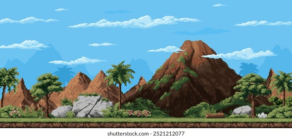 8 bit pixel art arcade game prehistoric landscape of jungle forest with palm trees, vector background. 8bit arcade video game level landscape with prehistoric era volcano mountains and cave rocks