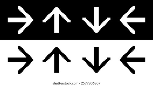 8 bit pixel art arrow icon vector set. Pictogram lack ad white arrow isolated on background