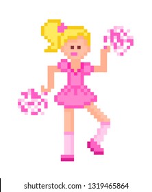 8 Bit Pixel Art Blonde Cheerleader Girl In A Pink Dress And Socks Jumping With Pom-poms Isolated On White Background.Sport Team Support Character.Retro 80s; 90s Slot Machine/video Game Graphics.