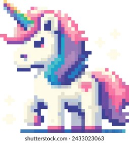 8 bit pixel art cute rainbow unicorn. Vector icon in retro game style isolated on white background