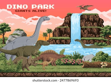 8 bit pixel art dinosaurs, arcade game landscape. Vector dino park with brachiosaurus, stegosaurus, triceratops and flying pterosaur dino spices, prehistoric waterfalls, cliffs, flora under sunset sky