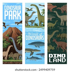 8 bit pixel art dinosaurs. Dino world park banners featuring dino animal species in retro gaming style. Vector vertical Jurassic park cards with ancient reptiles in terrestrial or aquatic environments