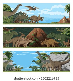 8 bit pixel art dinosaurs in dino world park landscape, vector backgrounds. Prehistoric dinosaurs and Jurassic lizards in 8bit pixel art forest with T-rex tyrannosaurus, brontosaurus and pterodactyl