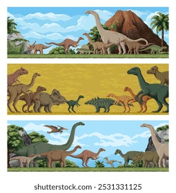 8 bits pixel arte dinossauros e desenhos animados lagartos jurássicos em paisagem pré-histórica, fundo vetorial. Lagartos pré-históricos de 8 bits, T-rex tyrannosaurus, brontossauro com pterodactil e velociraptor