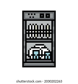Símbolo de lavavajillas de 8 bits de arte píxel aislado en fondo blanco. Icono de dispositivo de cocina. Antiguo colegio vintage retro 80, computadora 2d de 90, videojuego, gráficos de máquinas tragaperras.