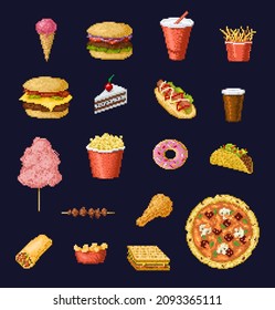 8 Bit Pixel Art Fast Food And Drinks Vector Icons Of Retro Video Game Set. Pixelated Pizza, Burger And Sandwich, Hamburger, Coffee, Hot Dog, Chicken Leg And Cake, Taco, Donut, Fries, Soda Or Ice Cream