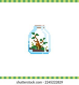 8 bit pixel art flower in jar. Retro 90s game icon of glass decorative florarium. Vector modern home flower in transparent jar or bottle for game, sticker and print. 