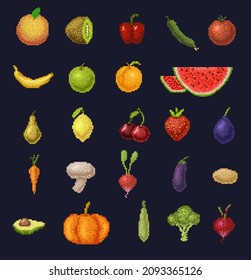 8 bit pixel art fruits, berries and vegetables icons of vector farm food. Retro video game pixelated strawberry, orange, tomato and pepper, carrot, cherry, apple and banana, radish, broccoli, avocado