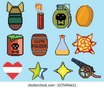 8 bit Pixel art game icon set. ui elements pixel set. game world and pixel scene.