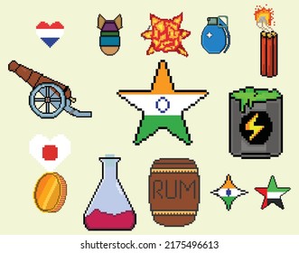 8-Bit Pixel-Spielsymbol eingestellt. Pixelsatz der Elemente. Spielwelt und Pixelszene.