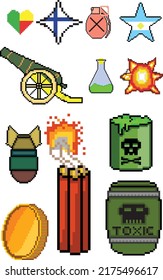 Juego de iconos de 8 bits de juego de arte Pixel. conjunto de píxeles de elementos ui. escena del mundo del juego y del píxel.