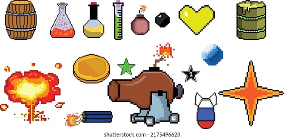 8-Bit Pixel-Spielsymbol eingestellt. Pixelsatz der Elemente. Spielwelt und Pixelszene.