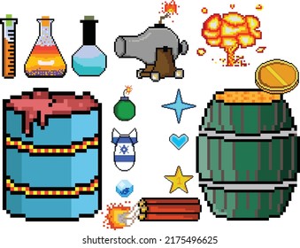 Juego de iconos de 8 bits de juego de arte Pixel. conjunto de píxeles de elementos ui. escena del mundo del juego y del píxel.