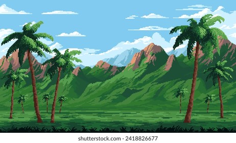 8 bit pixel art game, tropic jungle forest landscape with palms, cartoon vector background. Arcade video game level map or GUI interface with 8bit pixel jungle mountains and green tropical valley