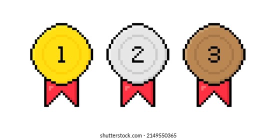 8 bit pixel art gold, silver, bronze medal with red ribbon. 1st, 2nd and 3rd places. Vector illustration.