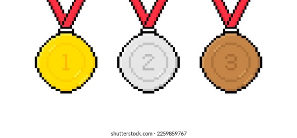 8 bit pixel art gold, silver, bronze medal with red ribbon. 1st, 2nd and 3rd places. Vector illustration.