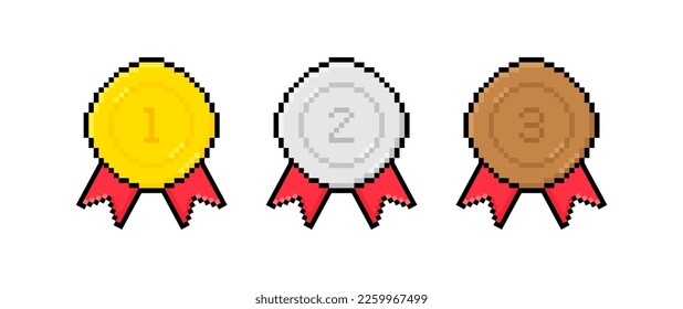 8 bit pixel art gold, silver, bronze medal with red ribbon. 1st, 2nd and 3rd places. Vector illustration.