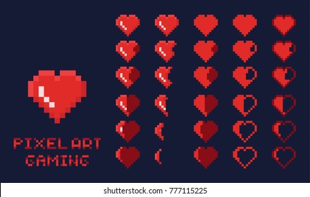 8 bit pixel art GUI Game design element - gradation of red heart icons for health scale 