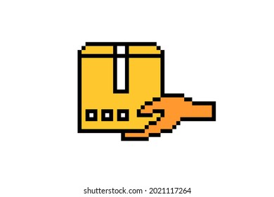 8 bit pixel art hand holding mailing box isolated on white background. Package delivery icon. Post service symbol. Old school vintage retro 80s, 90s 2d computer, video game, slot machine graphics.