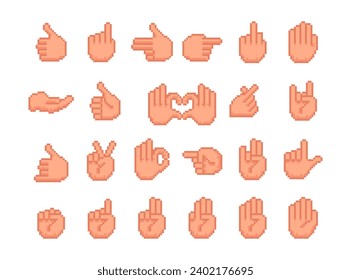 8 bit pixel art hand icons, pixel hands gestures icons set. Game art isolated vector illustration.