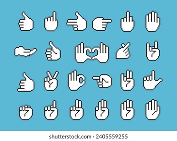 8 bit pixel art hand icons, pixel hands gestures icons set. Game art isolated vector illustration.