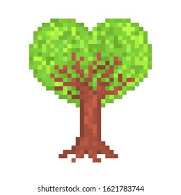 8 bit pixel art heart-shaped crown tree isolated on white, symbol of love growing, Valentine's day, nature care, ecology issues, environmental problems, climate change concerns, forest protection.
