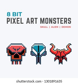 8 Bit Pixel Art Monsters - Skull, Alien, and Demon Illustration