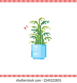 8 bit pixel art palm plant. Retro 90s gaming icon of chamaedorea flower in a pot. Vector modern home flower in flowerpot for game, sticker and print. 