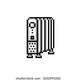 8 Bit Pixel Art Portable Convection Electric Oil Heater Symbol Isolated On White Background. Small Appliance Icon. Old School Vintage Retro 80s, 90s 2d Computer, Video Game, Slot Machine Graphics.