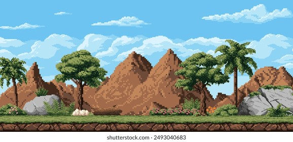 8 bit pixel art paisaje de juego prehistórico con huevos de dinosaurio en el parque Jurásico, fondo de Vector. 8bit nivel de juego paisaje con palmeras, montañas en el valle y huevos de dinosaurio en el nido